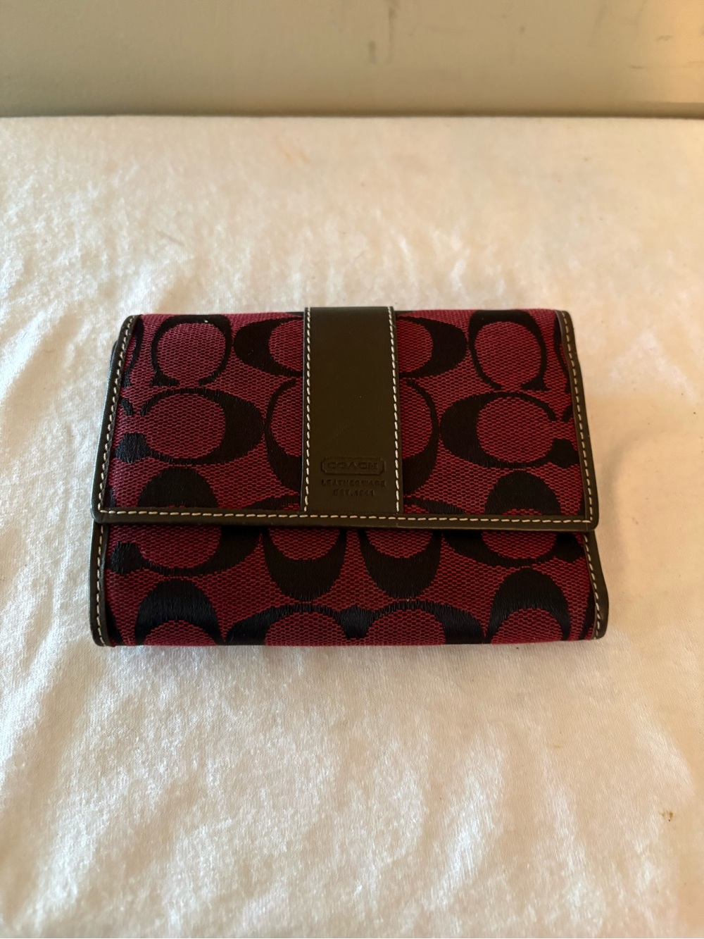 Coach Trifold Wallet in Burgundy and Black Signature Canvas